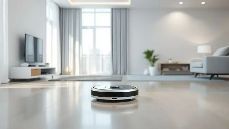 Ilustração 3D conceitual de um robô aspirador moderno facilitando a rotina de limpeza em um ambiente doméstico organizado e clean.