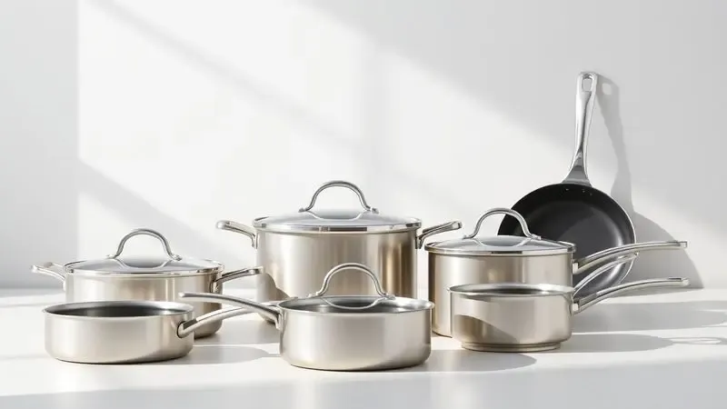 Renderização 3D artística de diferentes modelos e tamanhos de panelas de cozinha organizadas harmonicamente.