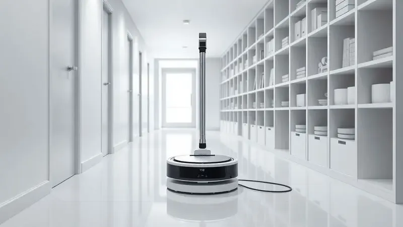 Imagem conceitual de um aspirador robô em sua base de carregamento em um ambiente doméstico organizado.