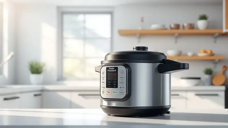 Ilustração realista de uma panela de pressão moderna em uma cozinha contemporânea e organizada.