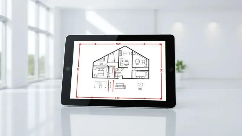 Ilustração digital de um tablet exibindo a planta de uma casa com linhas vermelhas de zonas de exclusão virtuais.